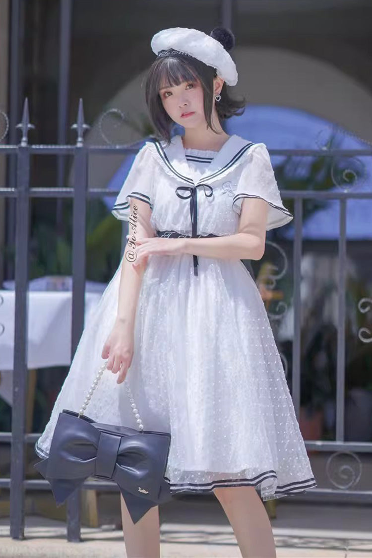 White Seaside Sweetheart Chiffon Navy Collar Short Sleeves Ruffled Lace-Up Slim Sailor Sweet Dress