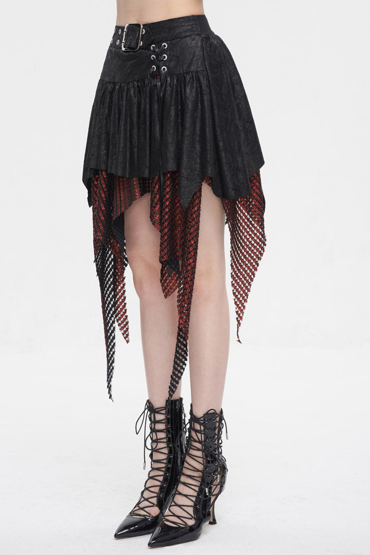Crimson Noir Asymmetrical Mesh Patch Buckled Women's Gothic Skirt