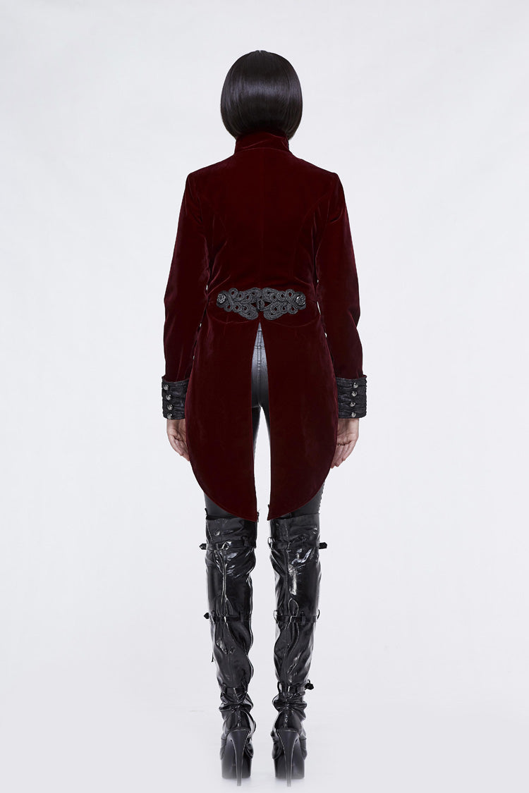 Crimson Noir Brocade Collar Embroidered Metal Stud Velvet Swallowtail Gothic Coat
