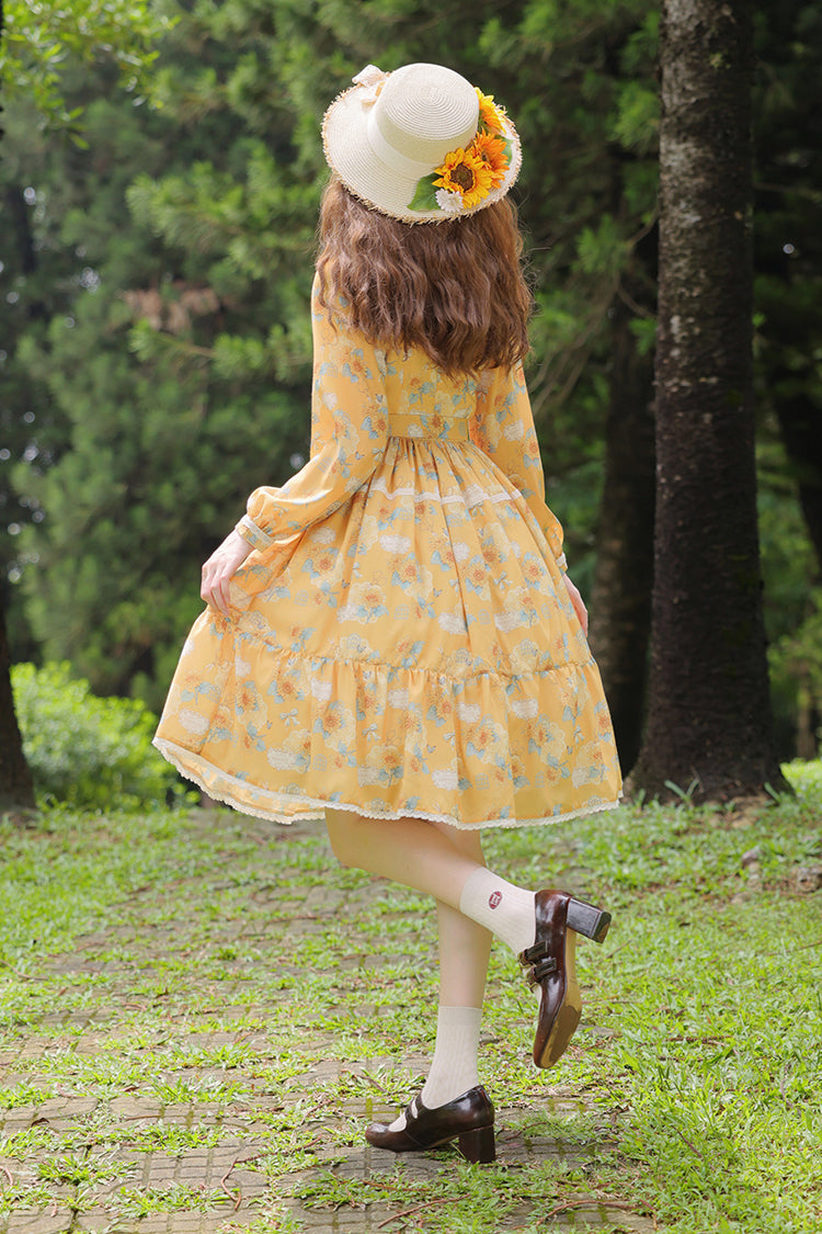 Sunflower Yellow Long Sleeve Floral Bow Elegant Lolita Dress