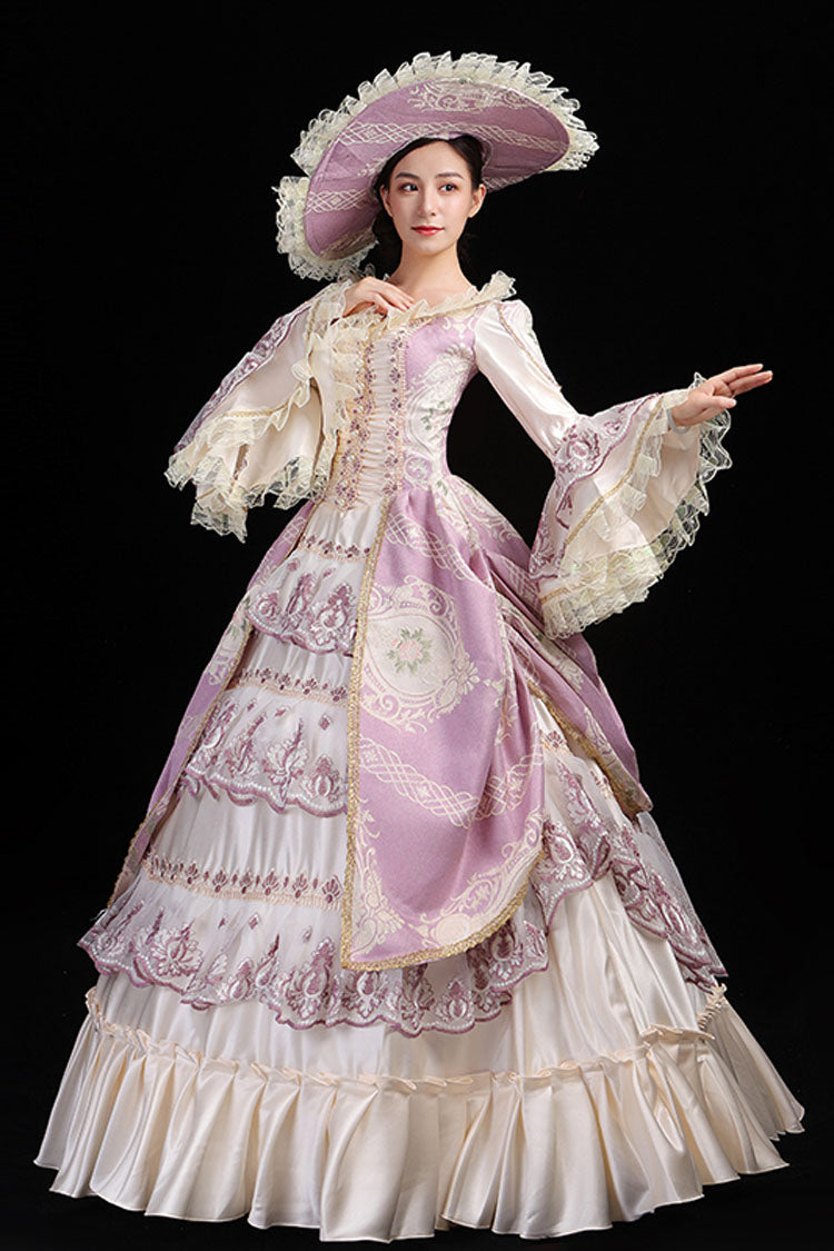Pink and Champagne Trumpet Sleeve Victorian Gown - Hollow Embroidery