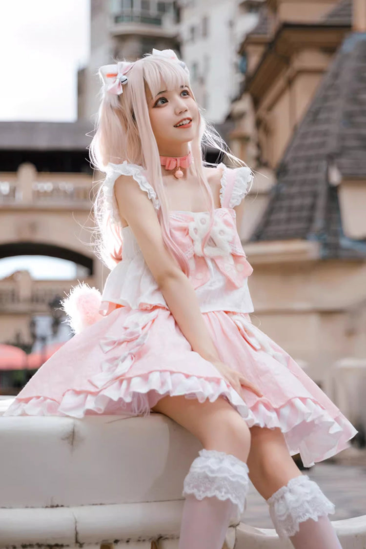 Miss Meow Print Bowknot Skirt Set