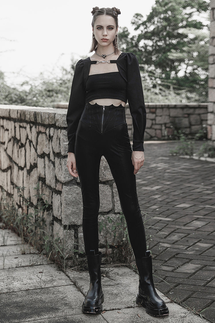 Punk Leather Pants with Bat Embroidery, Elastic Waist and Metal Zipper