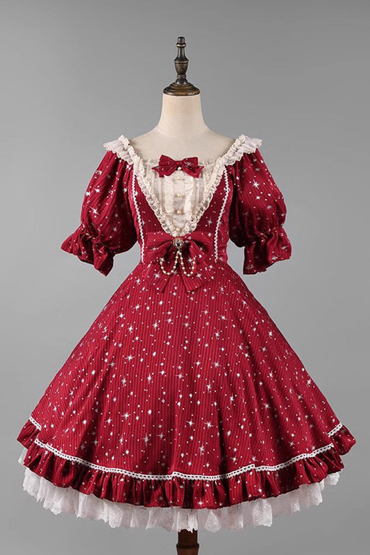 Star Print Short-Sleeved Ruffled Bowknot Sweet OP