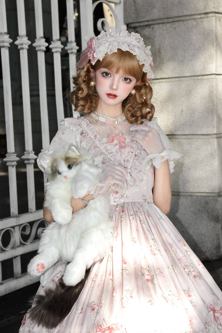 Daydream Rose Floral Jacquard Print Ruffle Embroidered Bow Sweet Lolita Dress in Three Shades