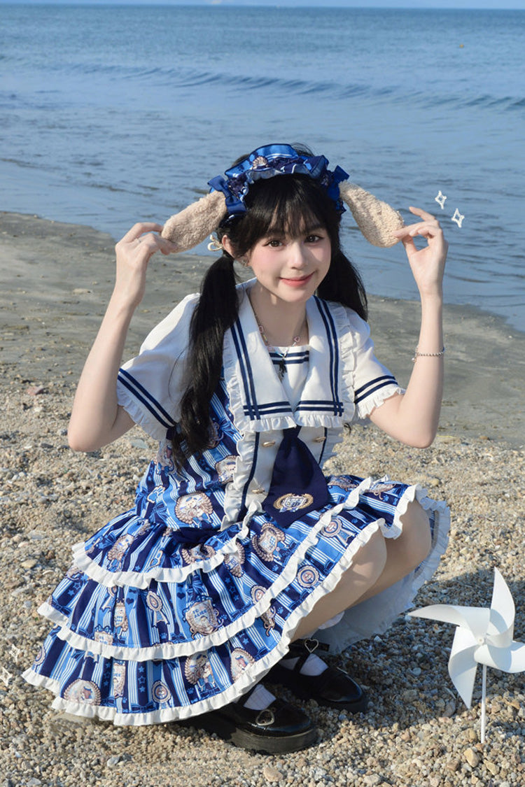 Blue Glory of the Dog Navy Collar Short Sleeves Low Waisted Triple-Layered Printed Ruffled Bow Sweet Dress