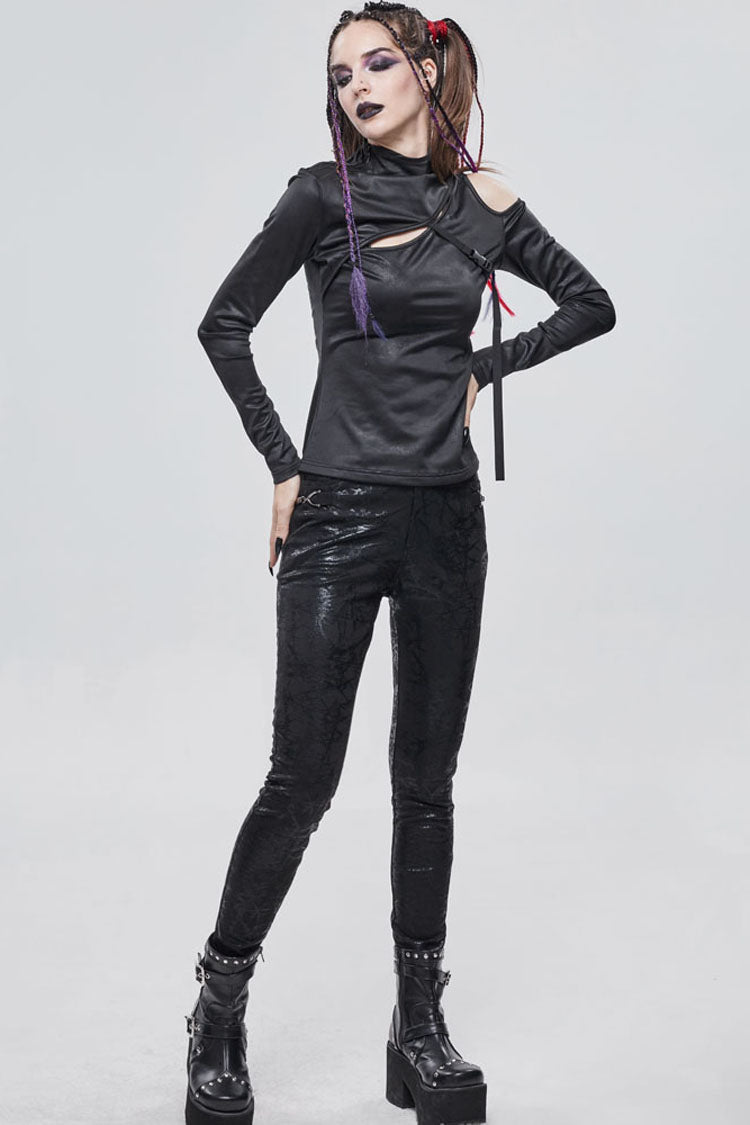 Knit Chest Cutout Buckle-Strap Long-Sleeve Punk Top