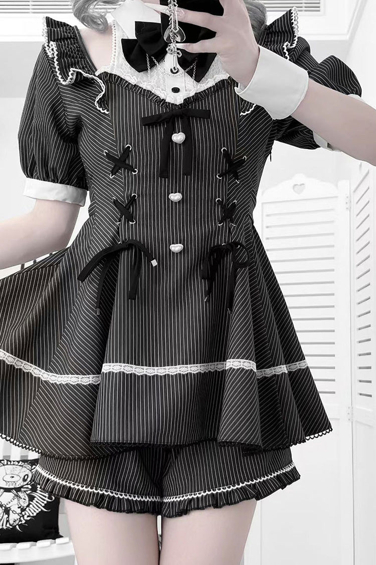Black Short Sleeve Striped Print Bow Lace-Up Gothic Plus Size Jirai Kei Dress