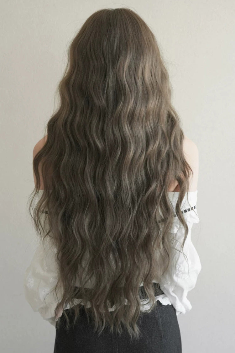 Natural Water Wave Curly Chestnut Ash Brown Long Wig, Fluffy Style