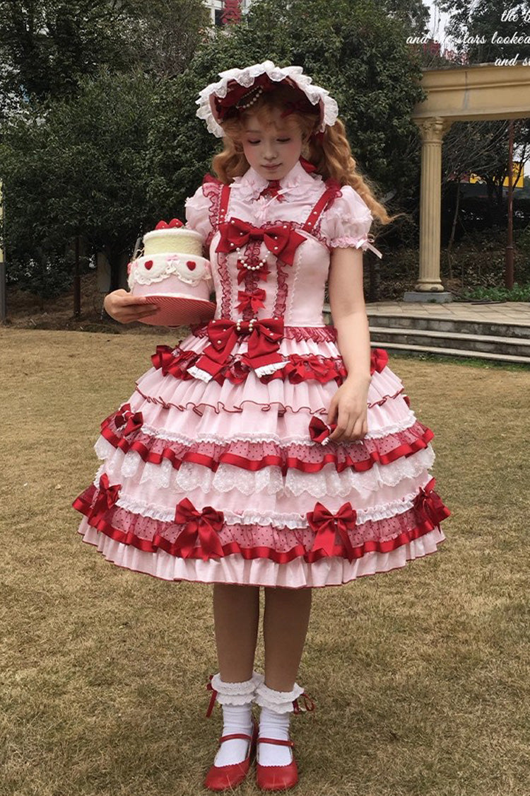Ribbon Berries Sleeveless Multi-Layered Ruffled Bow Lace Sweet Lolita JSK Dress - Red
