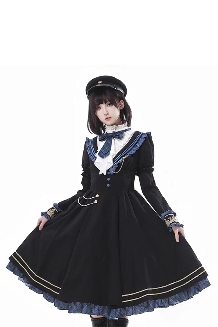 Breaking Dawn Stand Collar Long Sleeve Ruffled Gothic College Elegant Lolita Dress - Black