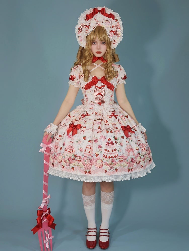 Sweet White Full Set Bow Cake Strawberry Accents Dress Print / Lolita