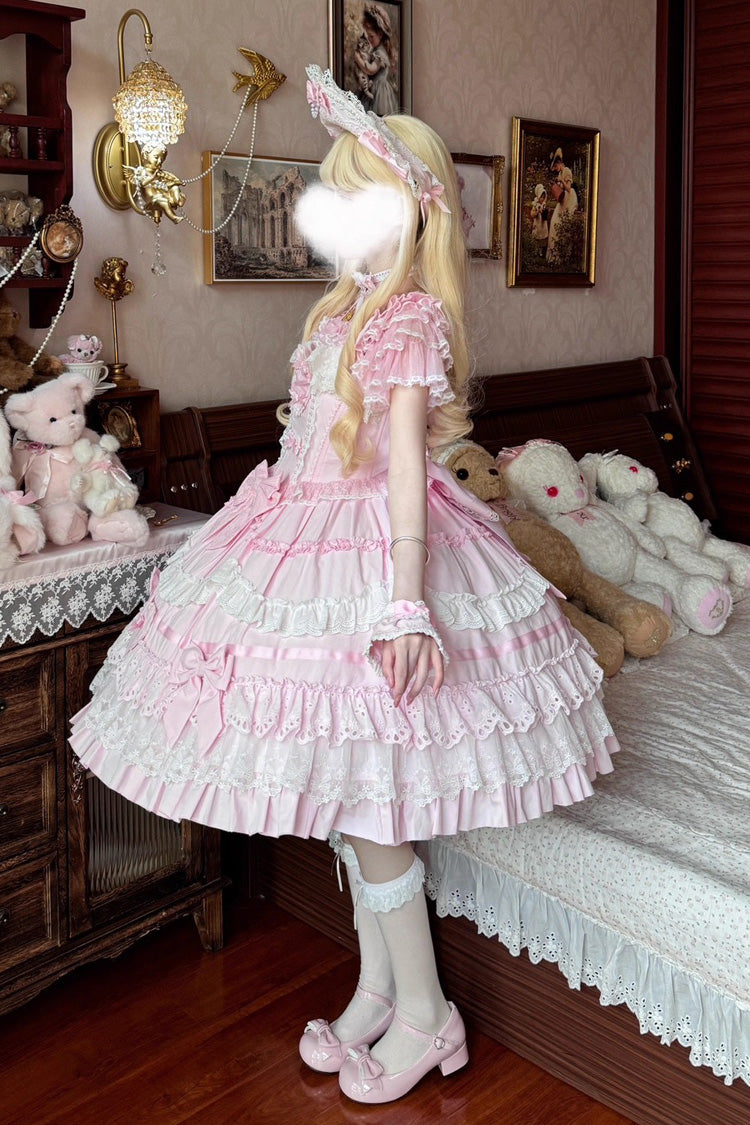 Blush Triple-Tier Ruffle Bow Elegant Lolita JSK - Super Cute Belia