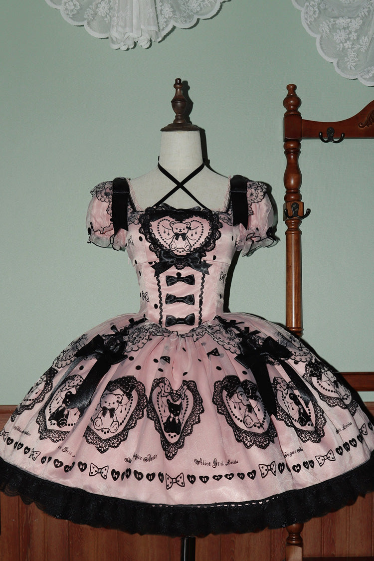 Blush Square Collar Embroidered Bow Lolita Dress with Train - Sugar Bear