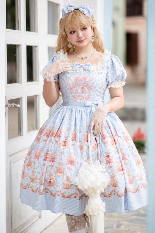 Blue Rose Print Bowknot Sweet Lolita Dress