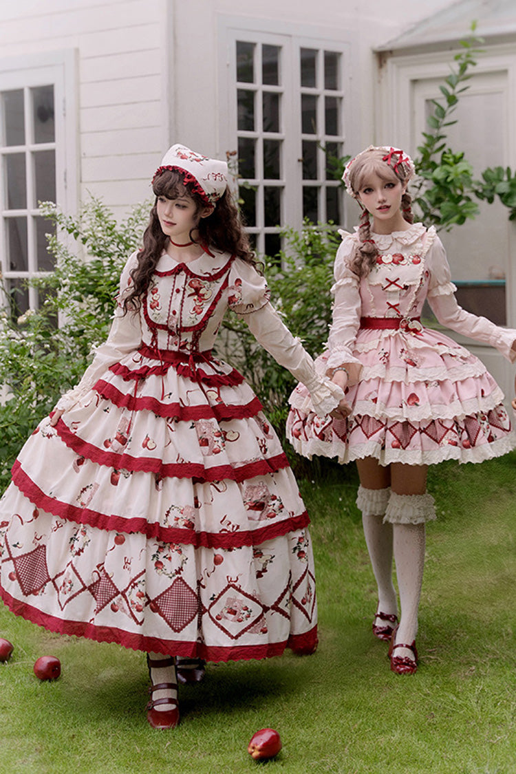 Crimson Beige Triple-Layered Apple Orchard Printed Ruffled Embroidered Sweet Lolita Maxi Skirt