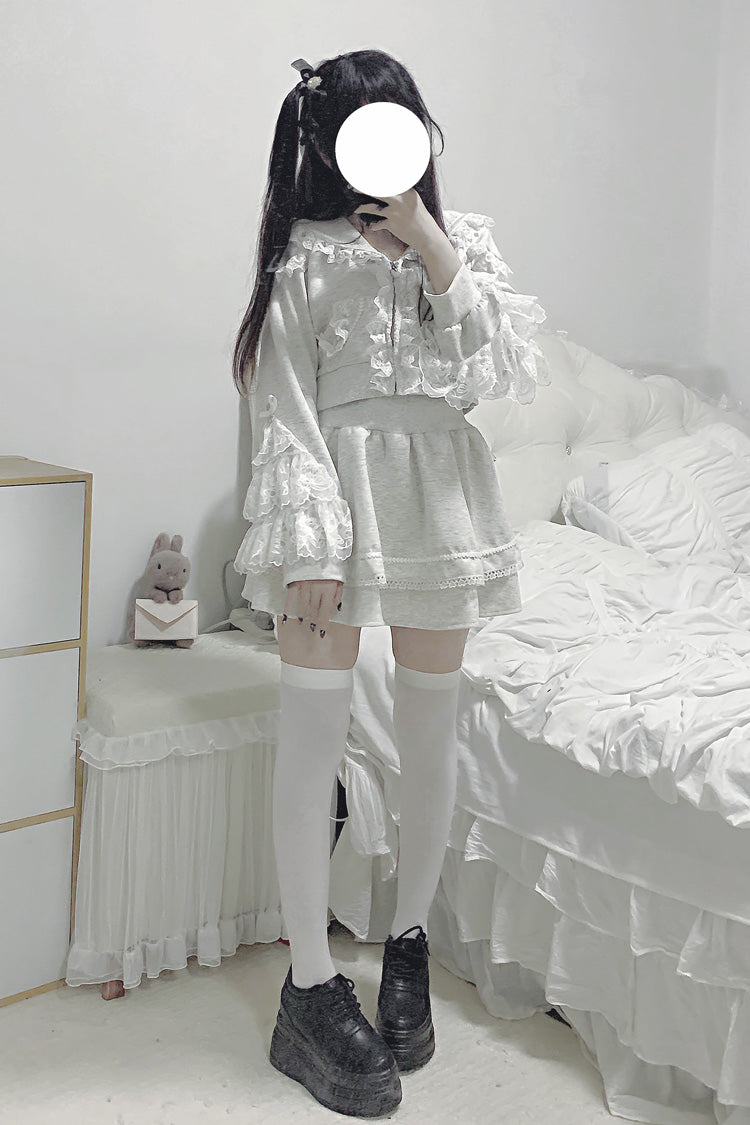 Ash Hooded Jirai Kei Set with Ruffled Lace Accents