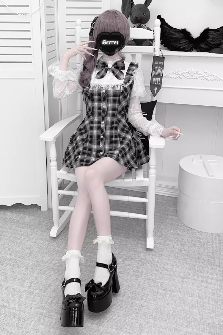 Feather Ode Stand Collar Long Sleeve Ruffled Bow Lace Japanese Streetwear Dress with Shorts