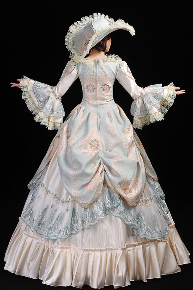 Blue and Champagne Trumpet Sleeve Victorian Gown - Hollow Embroidery