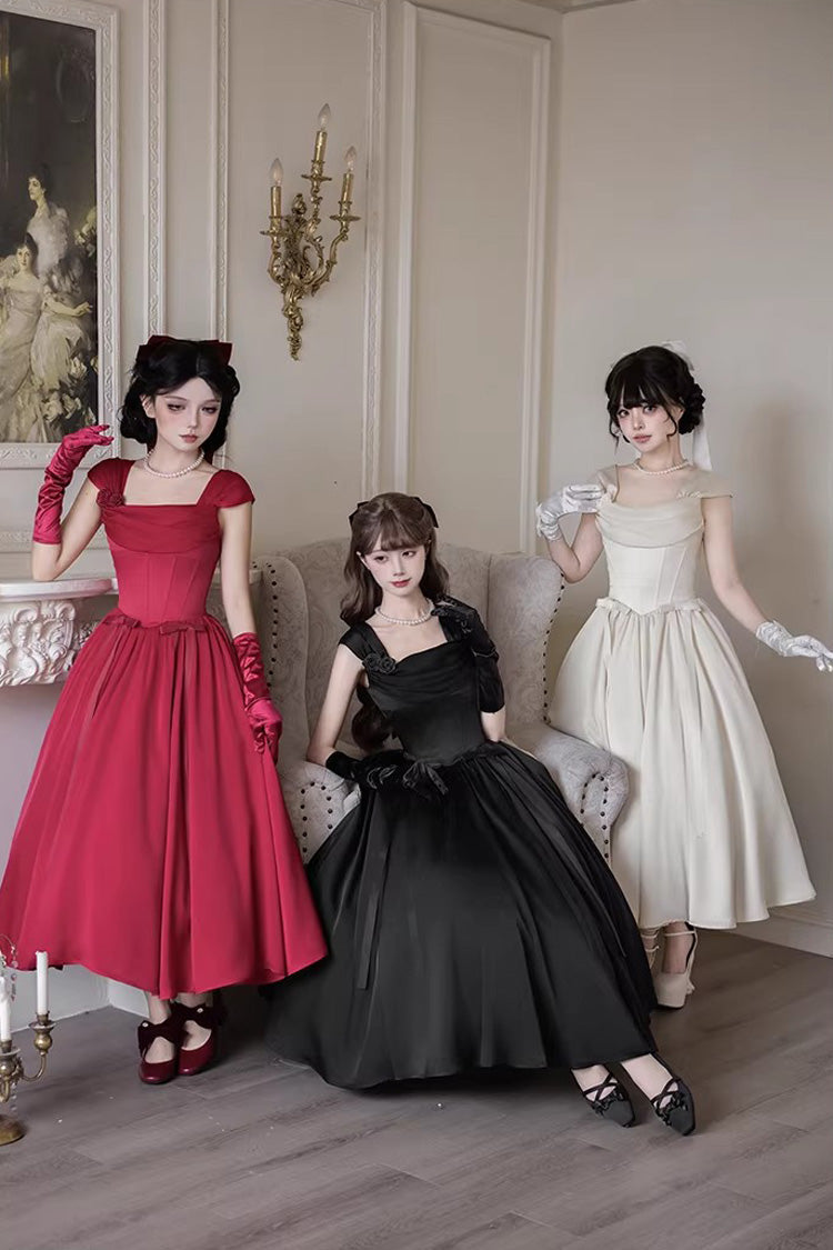 Crimson With Love Square Neck Sleeveless Fishbone Vintage Elegant Lolita Jumper Dress Ensemble