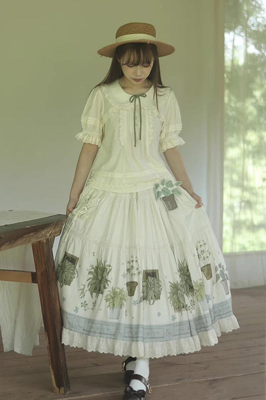 Ivory Potted Plant Print Ruffle Sweet Lolita Skirt