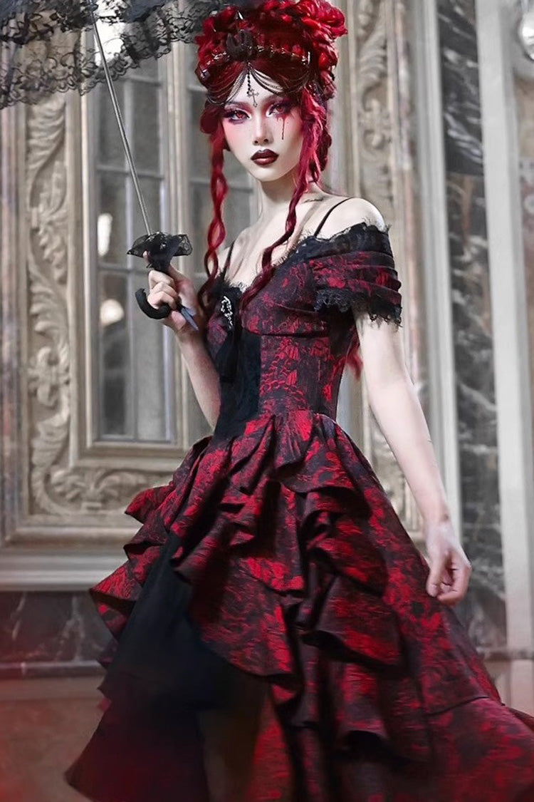 Black Red Feast in Hades Short Sleeve Print Ruffle Cardigan Dress