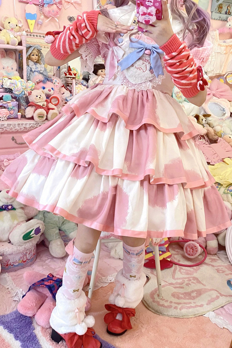 Pink Sleeveless Triple Layer Cow Print Ruffle Bow Sweet Jsk