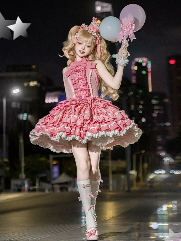 Pink Rose Halter Ruffle Skirt Neck Sweet Bow Lolita Idol Tiered Accents Dress