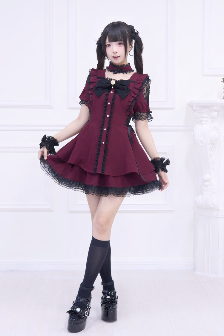 Scarlet Waltz Short Sleeve Ruffled Bow Gothic Jirai Kei Japanese Dress Set