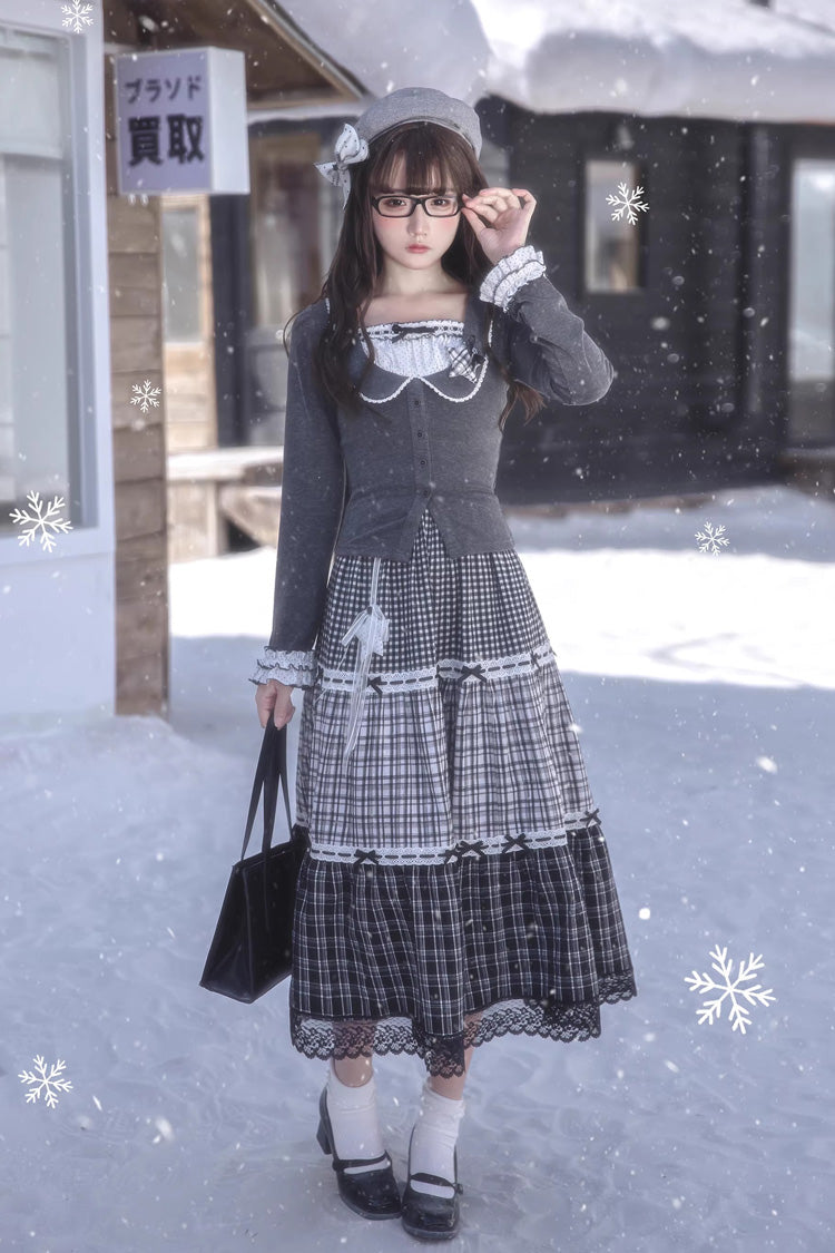 Sweet Lolita Skirt Set with Square Collar, Cut-Out Lace, Star Print, Grey