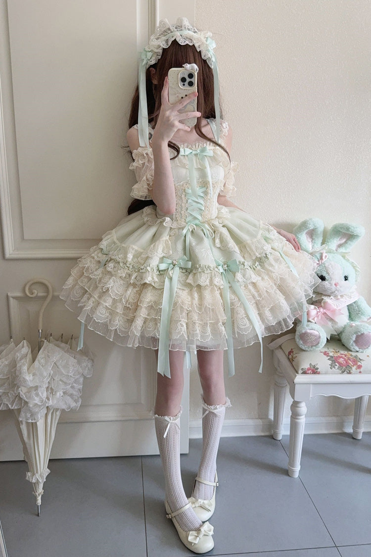Emerald Sleeveless Layered Ruffle Bow Lace Corset Ballet Jumper Dress - Ribbon Heart Love