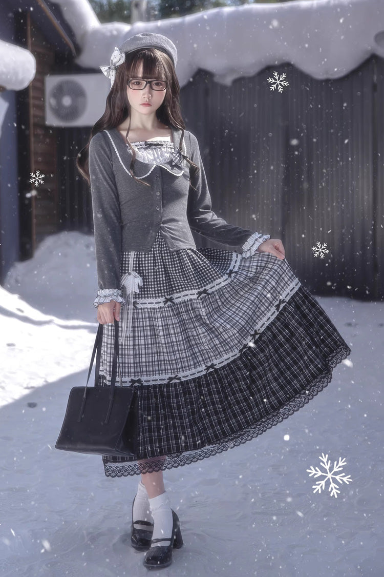 Sweet Lolita Skirt Set with Square Collar, Cut-Out Lace, Star Print, Grey