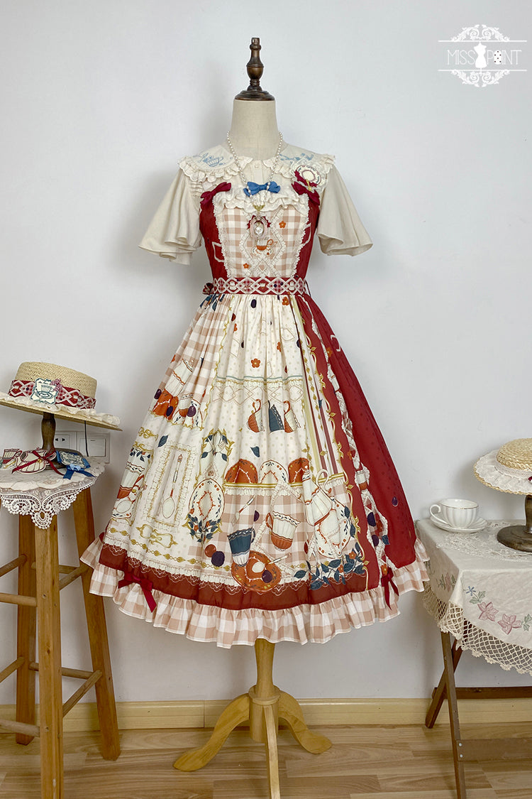 Scarlet Tea Party Printed Ruffled Bow Lace Sweet Elegant Lolita Jumper Dress
