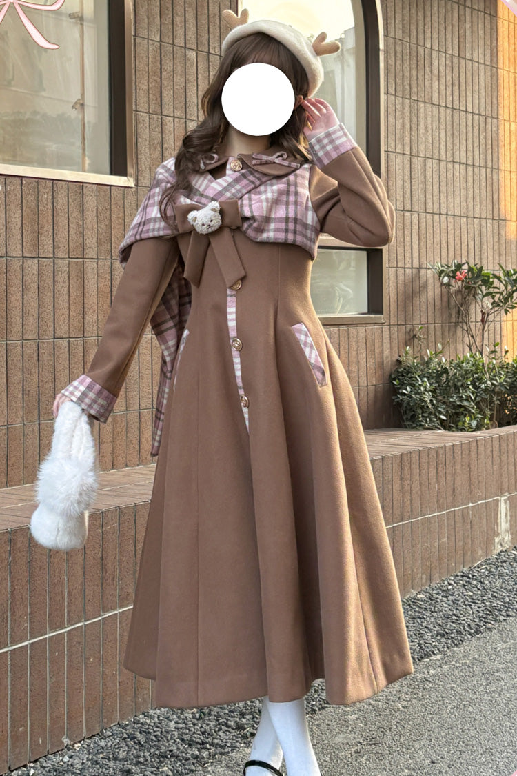 Single-Breasted Bow-Stitched Long-Sleeve Elegant Coat in 2 Colors - Cookie Mousse