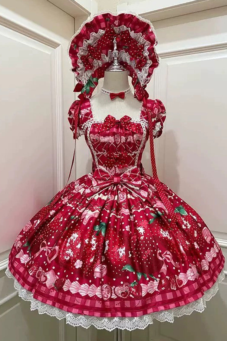 Dream to Strawberry Print Short Sleeve Ruffled Bow Lace Sweet Lolita OP Dress - 4 Colors