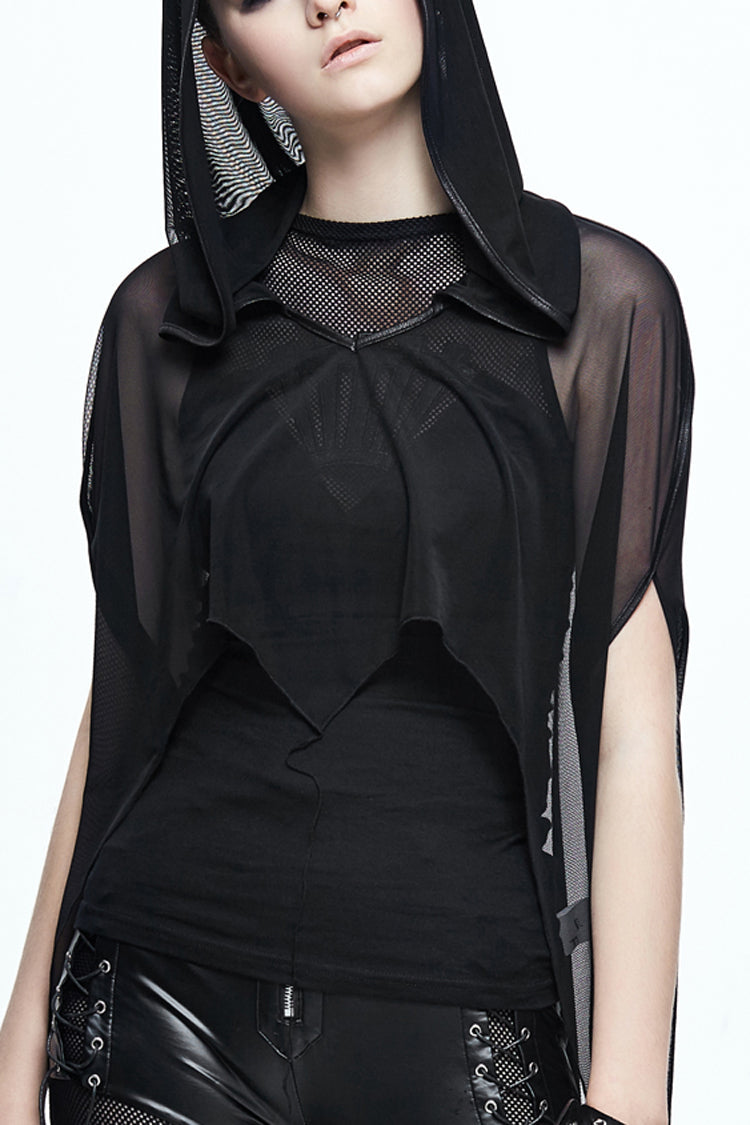 Bat-Wing Shawl with Wavy Hem and Mesh Fabric
