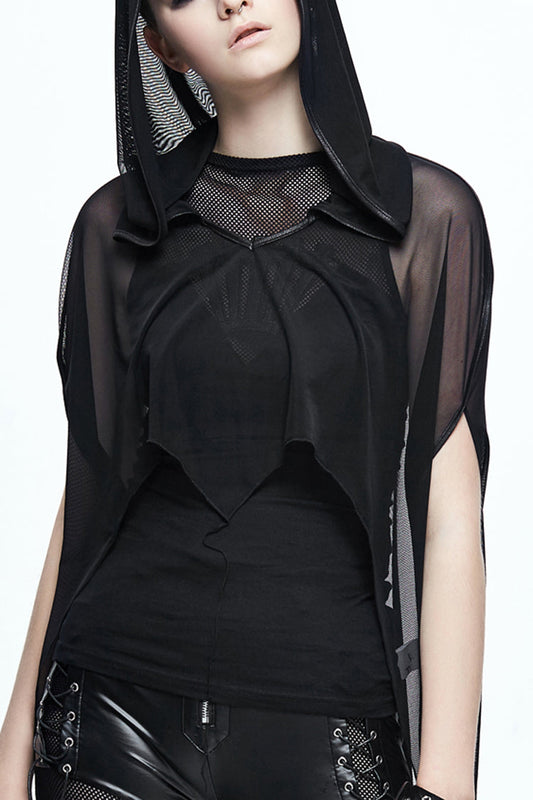 Bat-Wing Shawl with Wavy Hem and Mesh Fabric