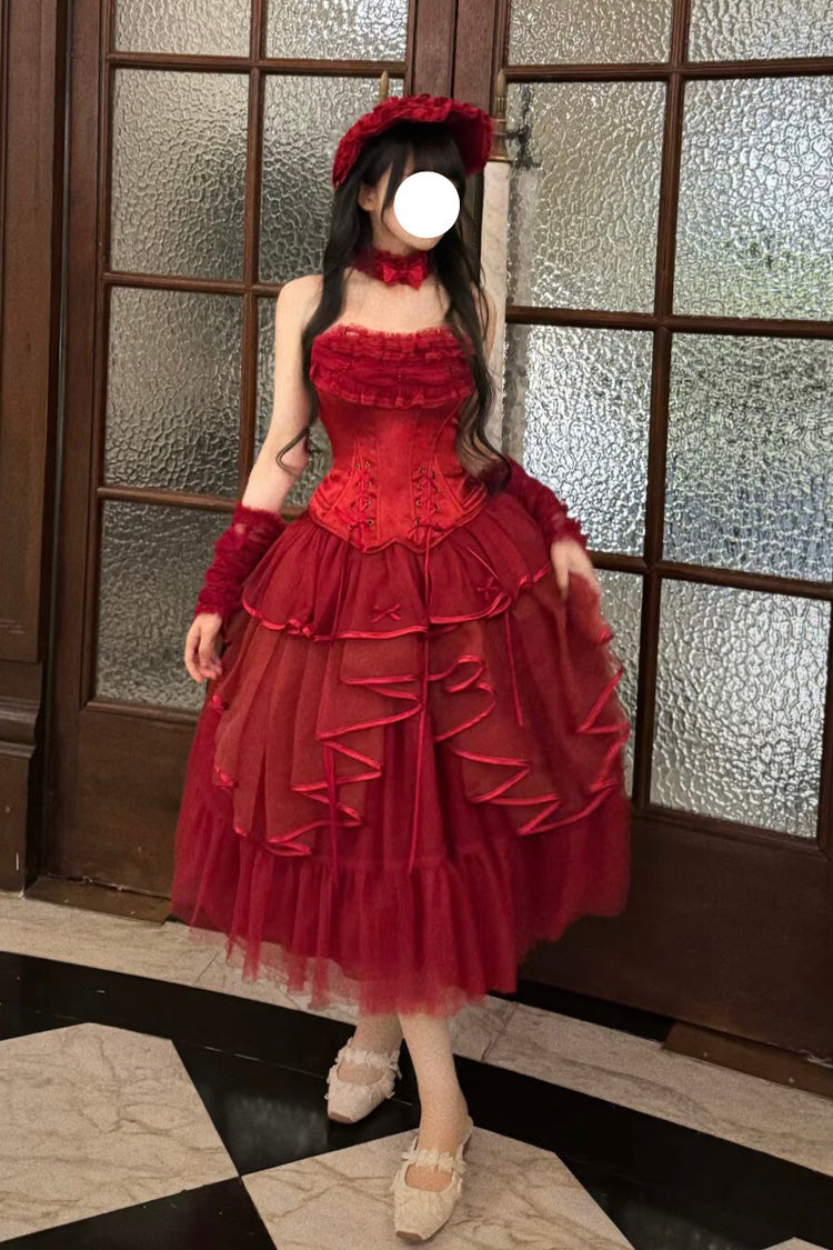 Scarlet The Summer Waves Sparkle Square Neck Sleeveless Multi-Layered Ruffled Bow Laced Slim Lolita Skirt Set