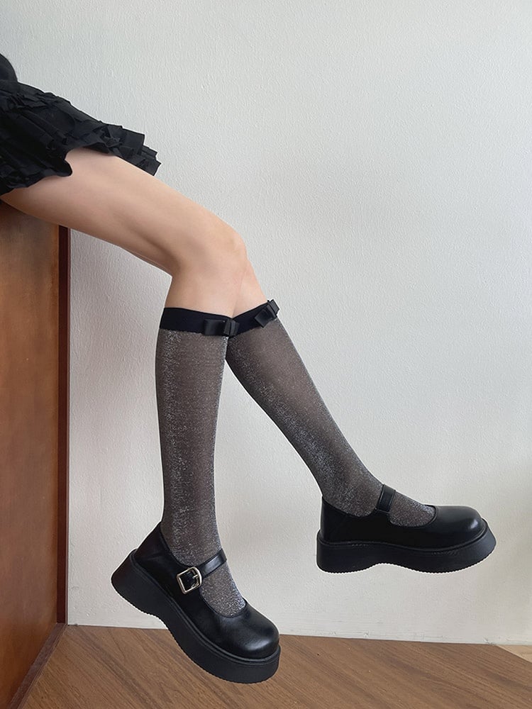 Bowknot Light Grey/Black Stockings Details Semi-sheer Underknee