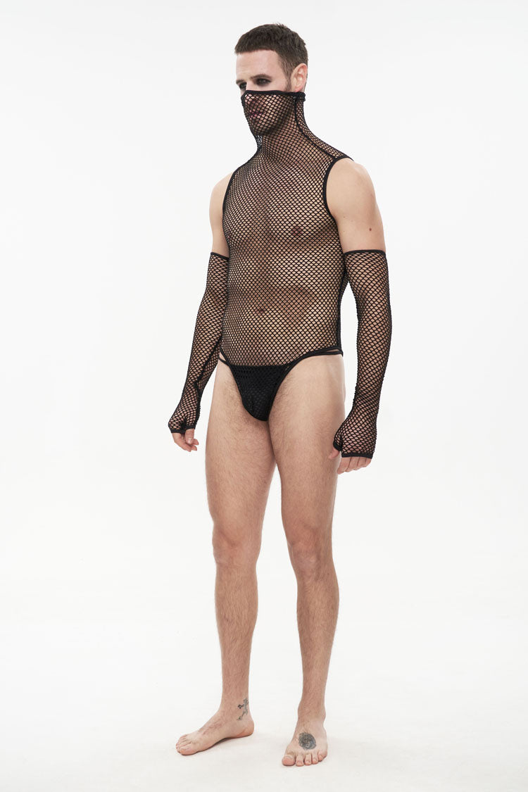 Sheer Mesh High-Collar Punk Onesie with Masked Gloves for Men