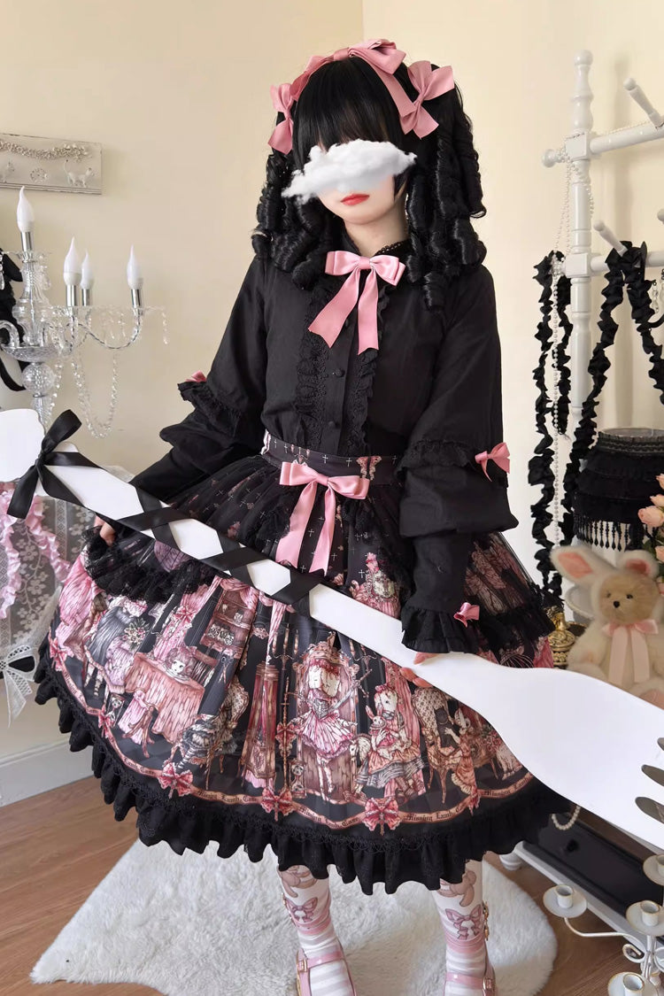 Skirt with Ruffle Bowknot and Missing Lamb Print