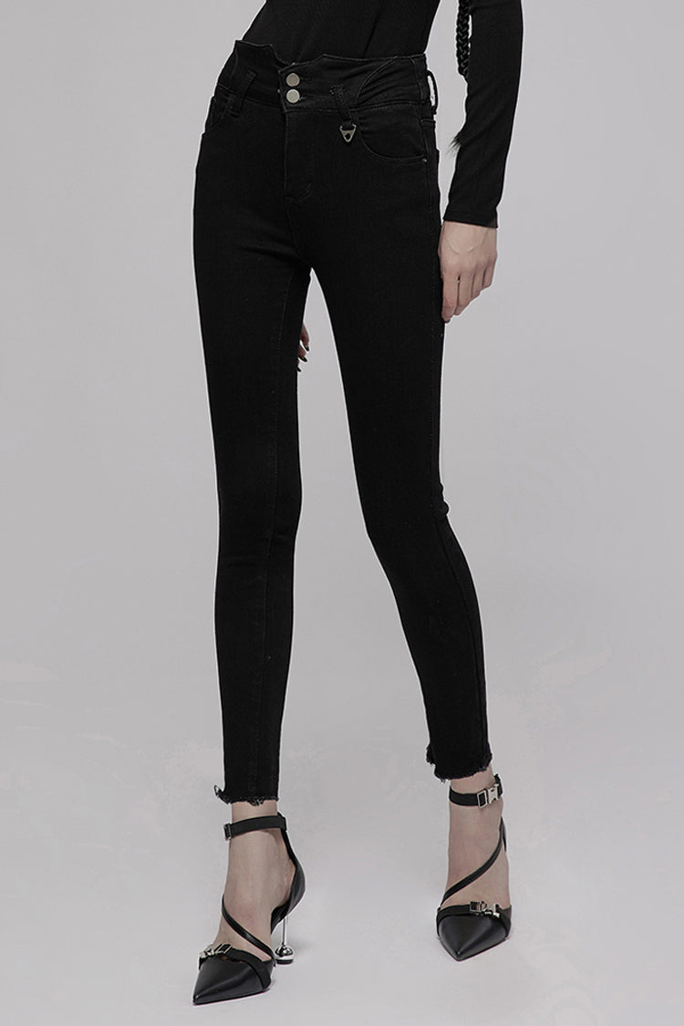 Punk Denim Pants with Metal Decor and Crossed Straps