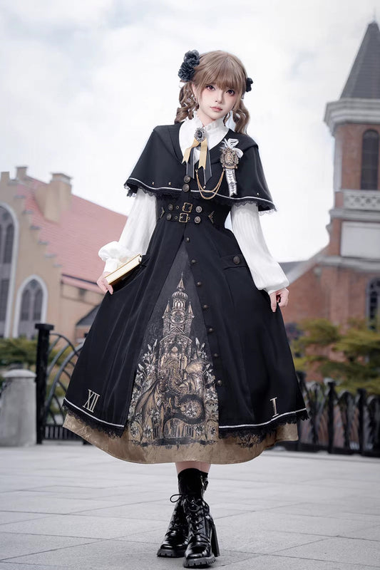 Long Sleeves Printed Embroidered College Style Gothic Vintage Lolita Dress Three-Piece Set - Dragon’s Aria