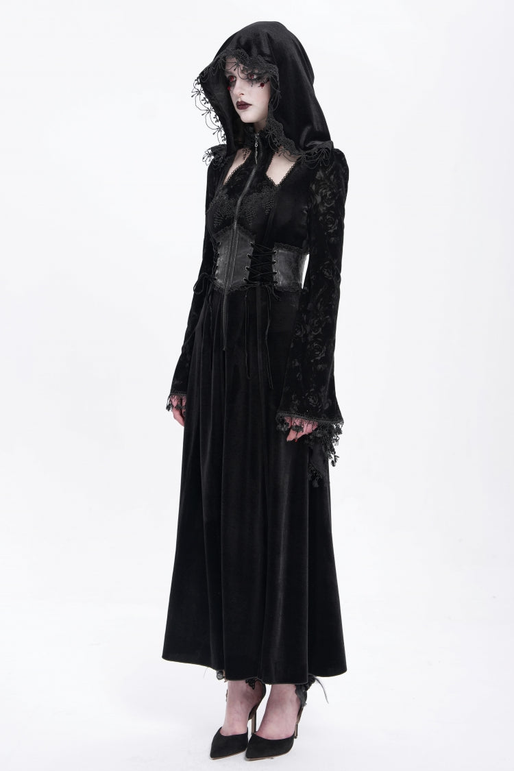 Black Long Sleeves Cutout Embroidered Hooded Ripped Gothic Coat Dress