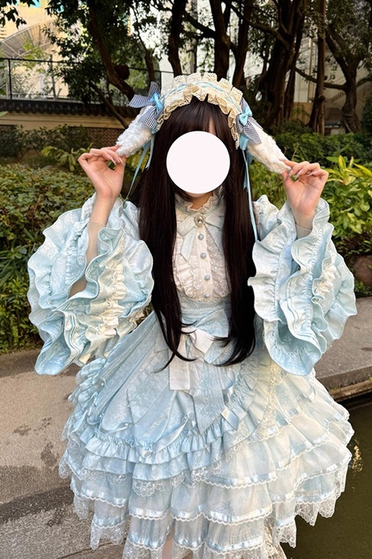 Soloist Doll Long Hime Sleeve Layered Print Ruffle Asymmetric Sweet Lolita Dress