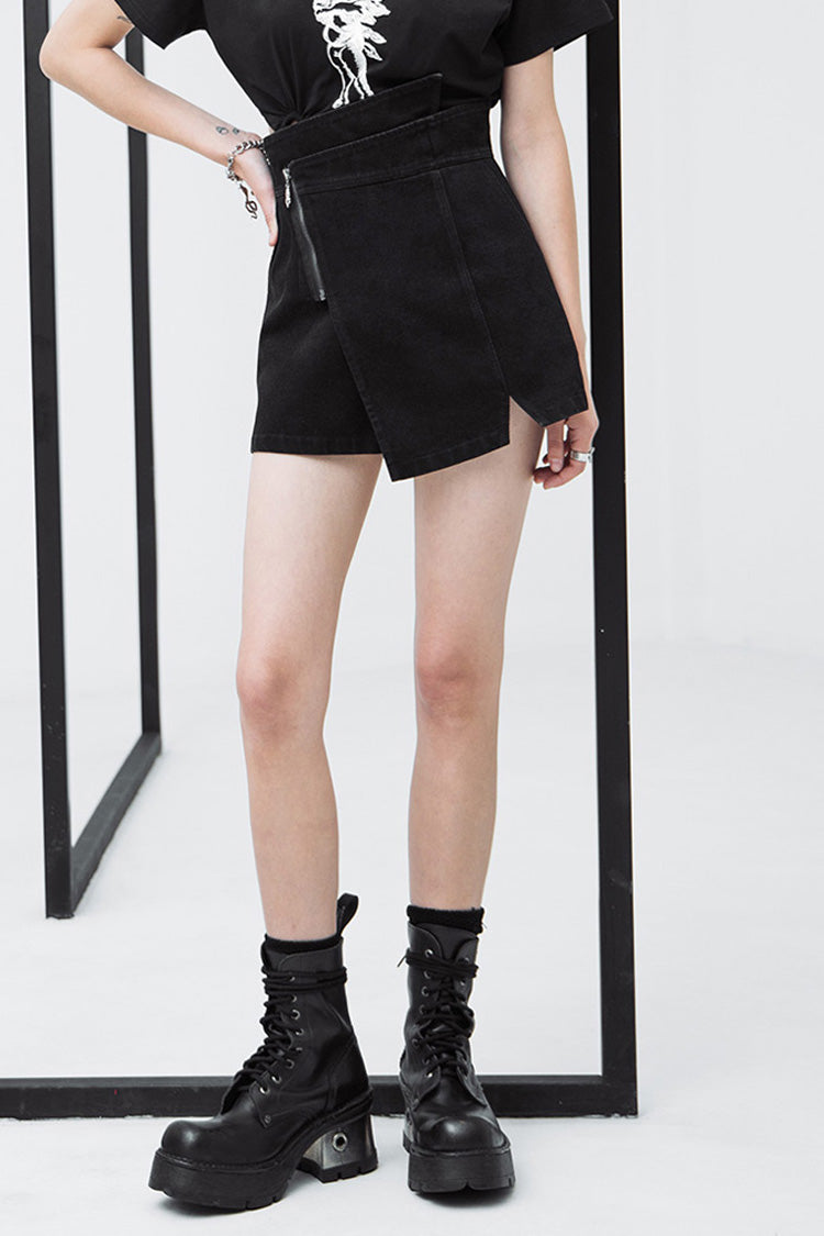Jet Metallic Zipper High-Rise Asymmetric Punk A-Line Shorts for Women
