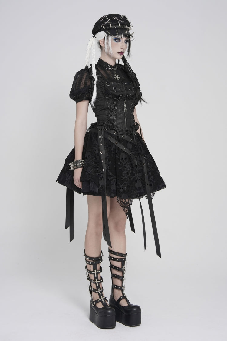 Gothic Swallow-Tail Vest for Her with Slim Zip & Lace-Up Bow