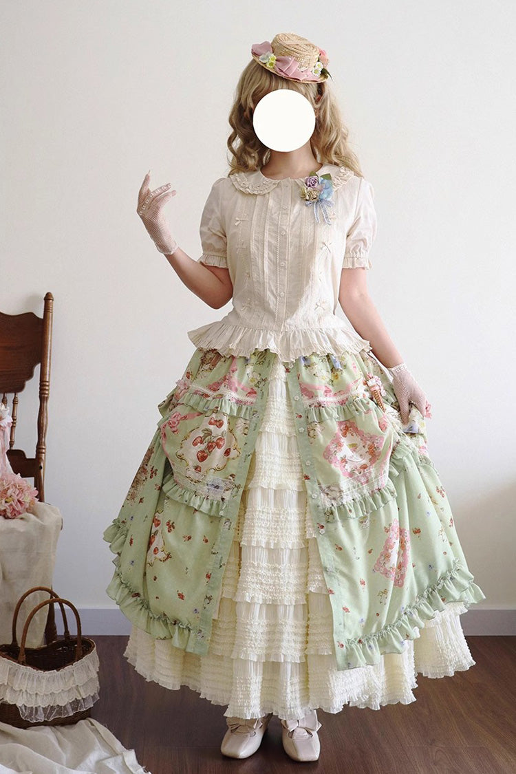Green Cat Rose Tea Print Daily Sweet Lolita Skirt