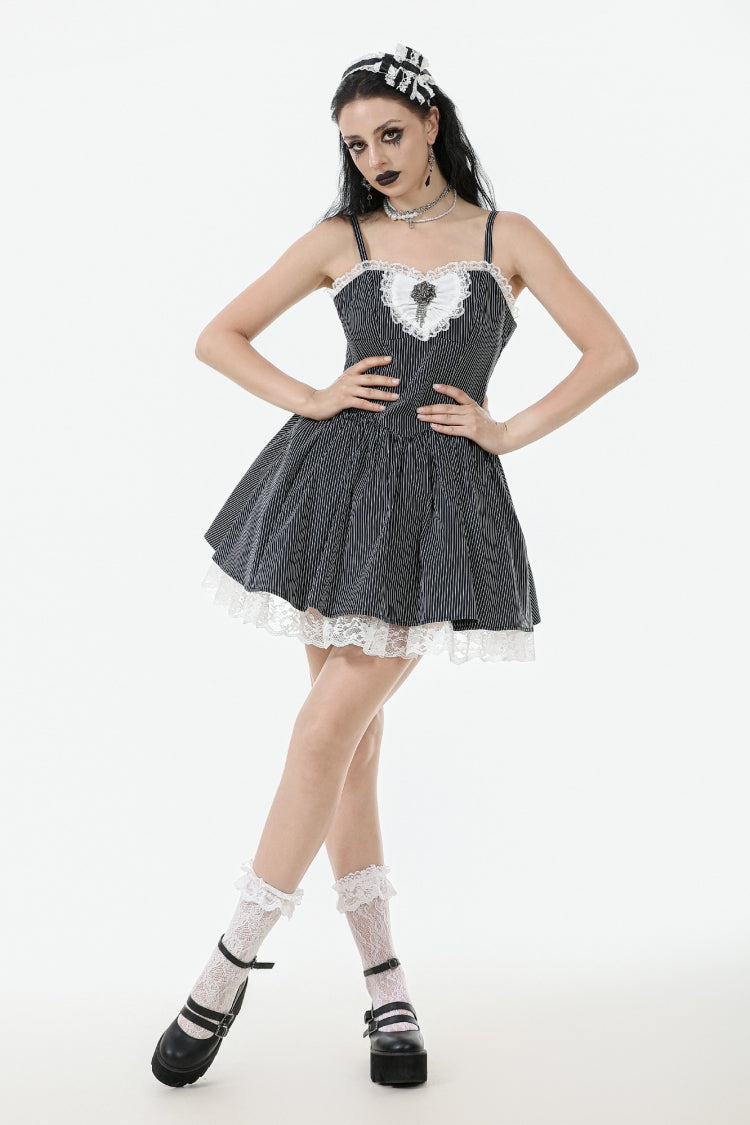Monochrome Gothic Lolita Slip Dress with Pinstripes and Lace-Up Details