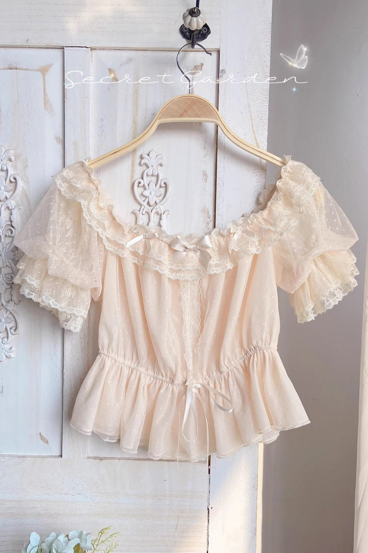 Short-Sleeve Embroidered Lace Bow Blouse - Cream Point